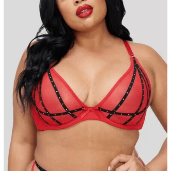 Frederick's Of Hollywood Women's Size 34DD Red Rozlyn Mesh and Stud Red Bra - Picture 1 of 5